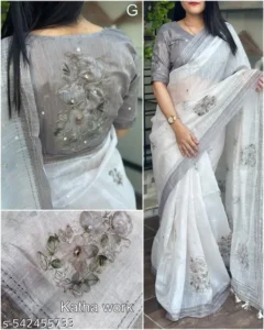 Soft Linen Cotton Kantha Work Saree